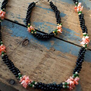 Art Deco Style Black Glass Beaded Necklace - French Gothic Glass Jewelry Set